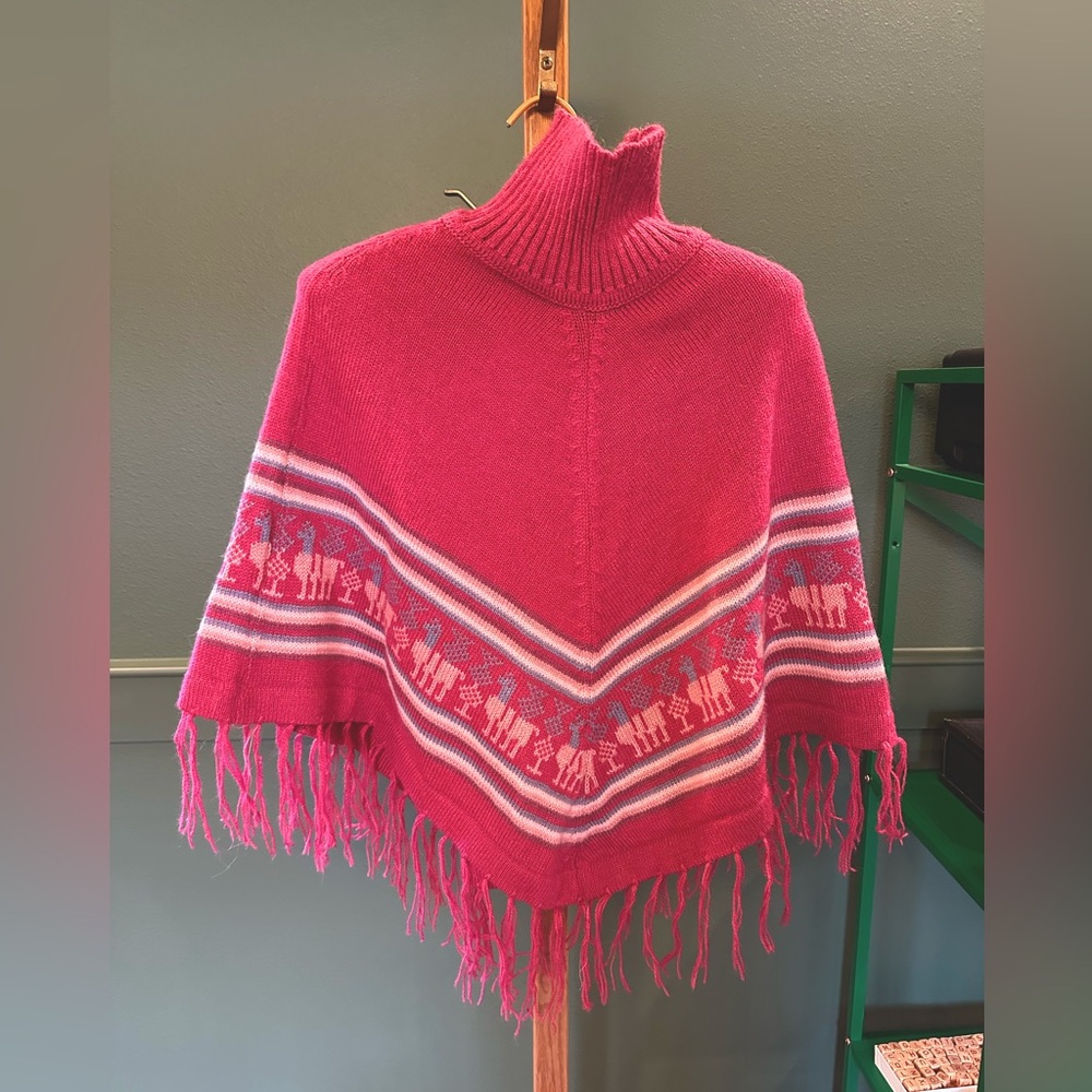 Vintage Pink Knit Poncho with Fringe & Llama Pattern